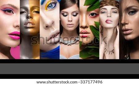 Collection of art and evening makeup. Beautiful girls. Beauty face.