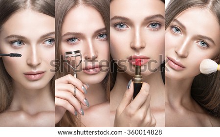 Collection of Beautiful young girl with a light natural make-up and beauty tools in hand. Picture taken in the studio on a white background.