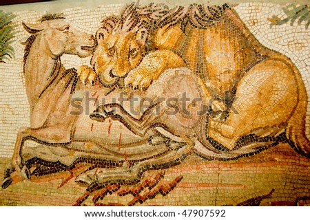 mosaic of lion attacking a mule