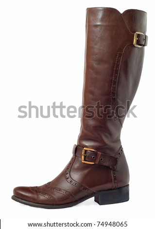 women brown leather boots with brass buckle isolated on white - stock