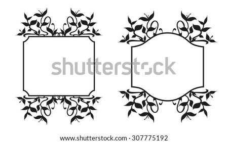 Plant Sprouts Frame Decoration. Set of two frames adorned with the stylized black silhouette of plant sprouts, growing stems and flourishing curved leaves. Isolated illustration on white.