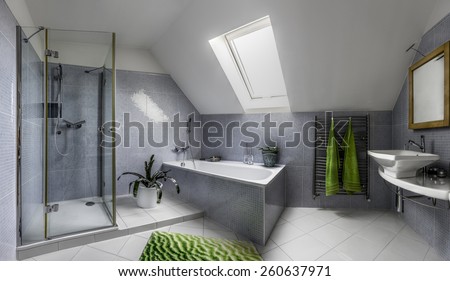 Modern bathroom in cool style with glass shower and bathtub in the attic of a house