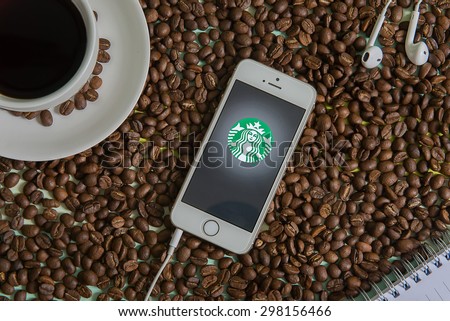 Chiang Mai - Thailand July 20, 2015:smart phone opening online menu page of Starbucks website, Starbucks coffee shop.