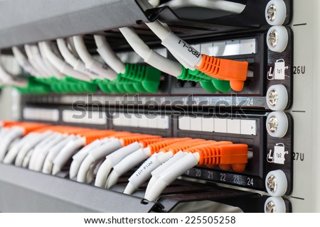 Local area network switch (LAN) ethernet cables on panel board