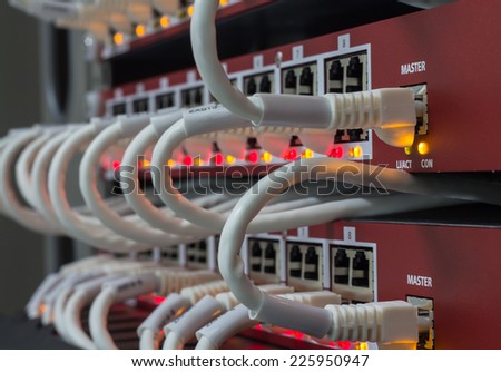 Local area network switch (LAN) ethernet cables on panel borad