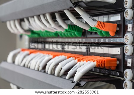 Local area network switch (LAN) ethernet cables on panel board