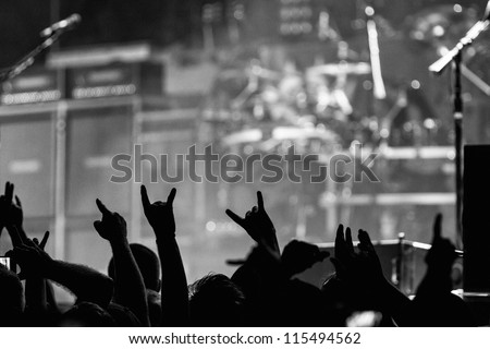 Crowd going crazy and putting up the metal horns at a rock concert