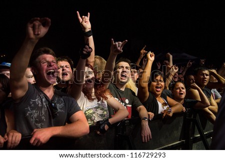 NAMPA, IDAHO - SEPTEMBER 25 : The crowd at a Shinedown live Concert at the Rockstar Uproar Festival on September 25, 2012 in Nampa, Idaho.