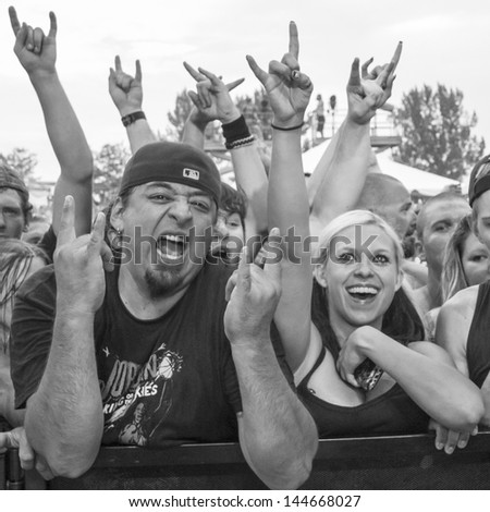 NAMPA/IDAHO - JULY 2: Crowd making devil horns to some great music at the Rockstar Mayhem Festival in Nampa, Idaho July 2nd, 2013