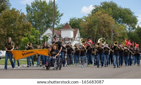 CALDWELL, IDAHO/USA - SEPTEMBER 27: The high school band plays music at the Caldwell High School Homecoming parade on September 27, 2013