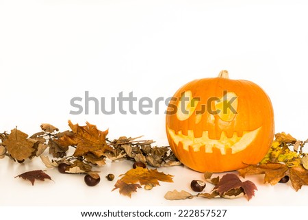 Halloween pumpkin with autumn leaves isolated on a white background with copy space for text