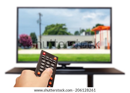 Watching TV and using remote controller isolated on white. selective focus