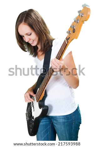 Girl with bass guitar isolated on white
