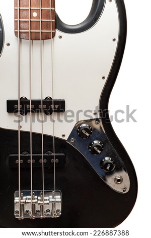 Vintage four string bass guitar body close up isolated on white background