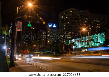 Miami, FL, United States of America - December 6, 2014 - Miami beach streets at night