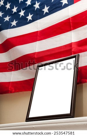Blank picture frame on american flag background