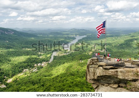 Overlooking Chimney Rock at Chimney Rock mountain State Parkand Lake Lure in North Carolina, United States