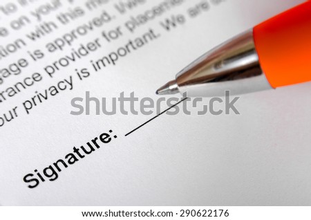Form for signature. Selective focus