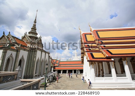 BANGKOK - THAILAND -  1 NOVEMBER 2014 : Tourist with Landscape and Pagodas in Wat Phra Kaew (the temple in grand palace) on Bangkok, Thailand