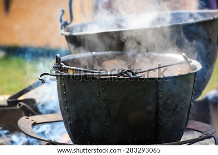 Soup cooking in medieval pot