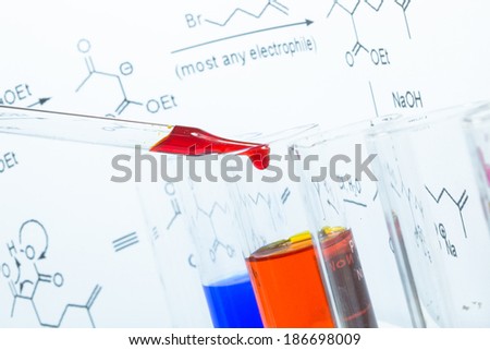 Drop of solution into a test tube for testing a chemical reaction in the laboratory.