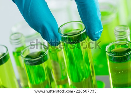 Gloved hand holding the test tubes in the laboratory