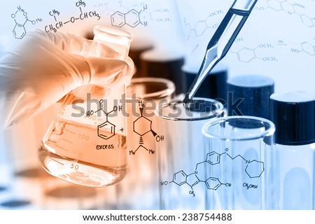 Gloved hand holding a flask, with chemical equations background, in laboratory