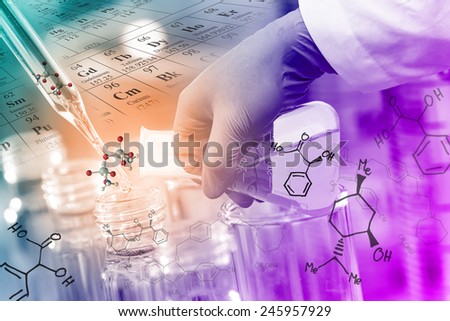 Gloved hand pour the solution from flask to test tube in laboratory with chemical equations and periodic table background.
