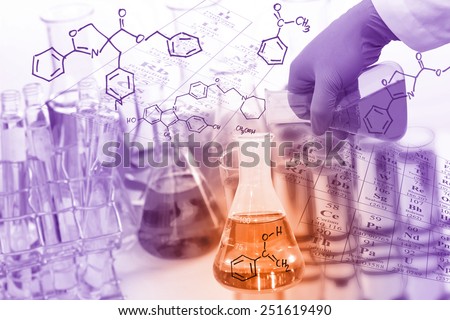 Gloved hand pour the solution from flask to another flask in laboratory with chemical equations background.