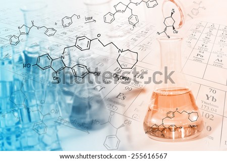 researcher pour the solution from flask to another flask in laboratory with chemical equations and periodic table background.