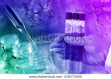 Chemist\'s gloved hand holding the test tubes with periodic table and chemical structure background at laboratory