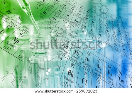 Chemist dropping reagent to the test tubes with periodic table and chemical structure background at laboratory