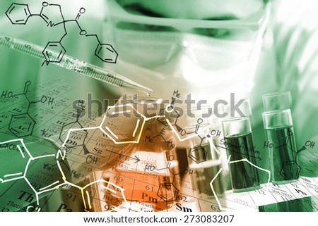 A researcher is testing, dropping reagent to test tube at laboratory with chemical equations and periodic table background.