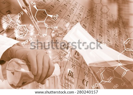 Laboratory glassware, test tubes and flasks in laboratory with chemical equations and periodic table background.