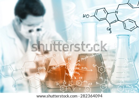 Male scientific researcher using microscope in laboratory with chemical equations background.