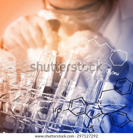 A Chemist working in the laboratory with periodic table and chemical equations background