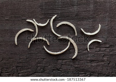 Nail clipper and some nail clippings over a dark wooden surface