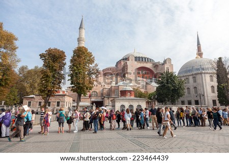 ISTANBUL - TURKEY - OCT 7: Unidentified tourists visiting the Hagia Sophia museum. Hagia Sophia is the greatest monument of Byzantine Culture in Turkey. On October 7, 2014 in Istanbul, Turkey