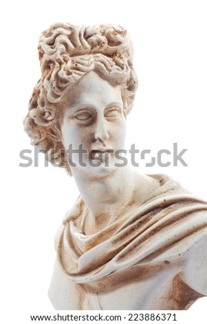 Miniature sculpture of ancient Greece of Apollon. The god of light and the sun, truth and prophecy, medicine and healing, archery, music, poetry, arts and more. Sculpture isolated on white background