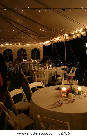 stock photo Nightime view of a wedding reception in a tent outdoors