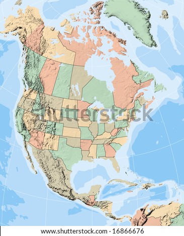 North America Map showing US States and Canadian Provinces with Water Contours