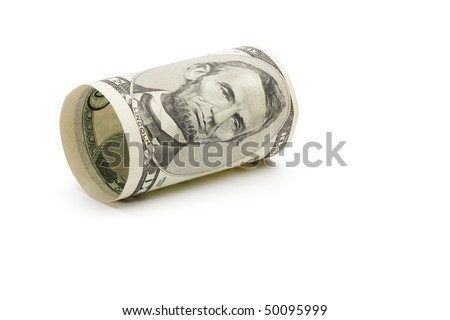 Five dollar bill over white background
