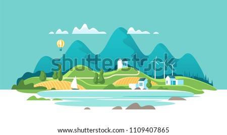 Summer landscape with houses on a background lake and of forest mountains. Vector illustration.