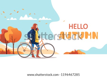 Hello autumn. Young female walking with bicycle in a park. Healthy lifestyle and recreation leisure activity. Vector illustration.