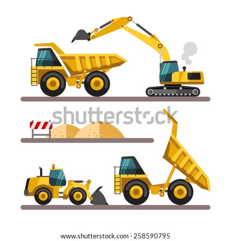 Set of building machines. Construction equipment and machinery - excavator, truck, loader. Vector illustrations in flat style.