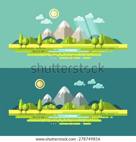 Flat design nature landscape illustration with sun, hills and clouds.