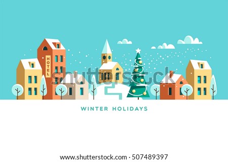 Snowy street. Urban winter landscape. Christmas card Happy Holidays banner. Vector illustration flat design.