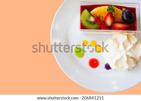 fruit strawberry cream cake on the table, selective focus