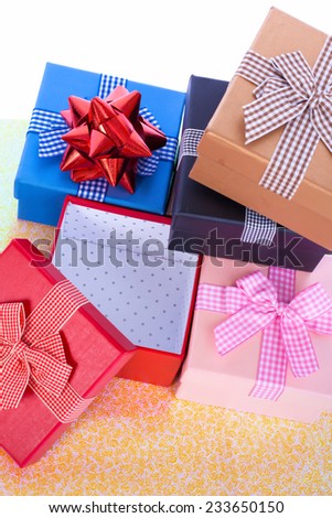 bright colorful gift boxes closeup
