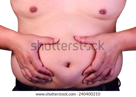 Fat man checking out his weight on white background with copy space